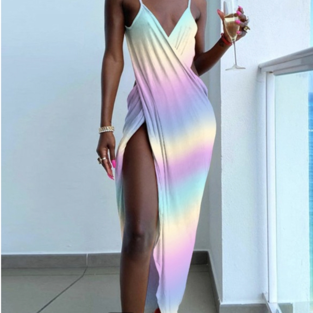 Ombre Color Block High Slit Ruched Dress